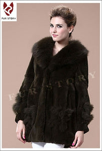 Coats for Women REX Rabbit Fur Coat Fox Fur Collar Jacket Overcoat 010105