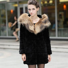 Load image into Gallery viewer, Women&#39;s  Real REX Rabbit Fur Coat with Hood Big Raccoon Fur Collar Jacket 010169