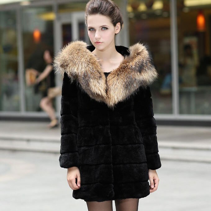 Women's  Real REX Rabbit Fur Coat with Hood Big Raccoon Fur Collar Jacket 010169