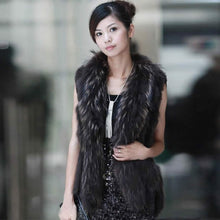 Load image into Gallery viewer, Natural Rabbit Fur Women Knitted Vest with Raccoon Sur Collar Gilet Argyle Sweater Vests