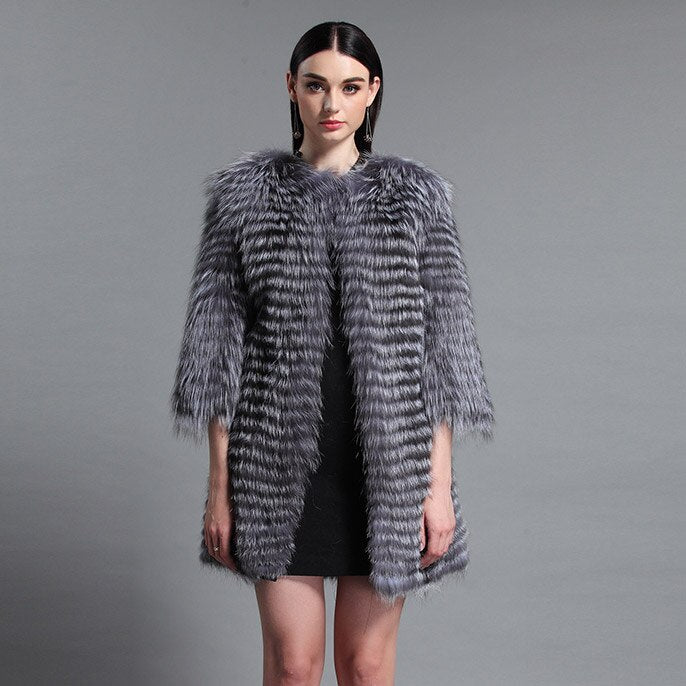 Women's Genuine Fox Fur Coat Women Stripe Outerwear 151213