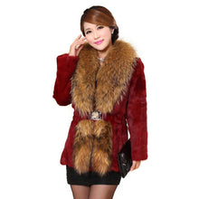 Load image into Gallery viewer, Natural Rabbit Fur Coat Supper Big Raccoon Fur Collar Women Overcoat
