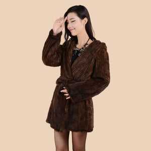 Women's Genuine Knitted Mink Fur Coat Hooded with Belt Long Real Fur Coat 15180