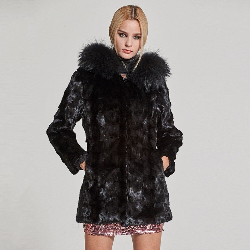 Women Real Fur Coat Natural Mink Fur Jacket Hood Winter Warm Fur Overcoat 17161