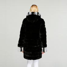 Load image into Gallery viewer, Fur Story FS18134 Women's Genuine Rabbit Fur Coat Women Chinchilla Color Trim Hood and Cuffs Overcoat