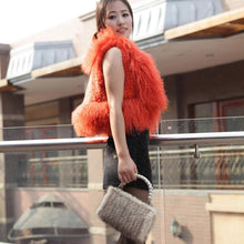 Load image into Gallery viewer, Genuine Tight Knitted Rabbit Fur Vest with Big Mongolia Lamb Fur Collar
