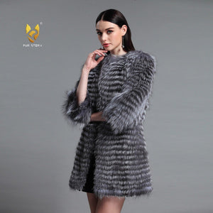 Women's Genuine Fox Fur Coat Women Stripe Outerwear 151213