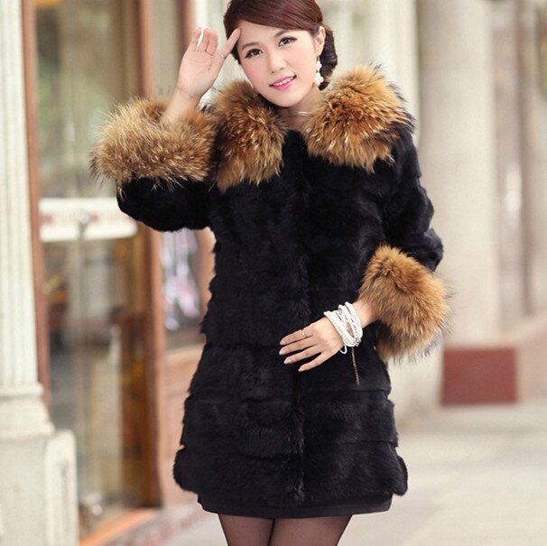 Woman's  Real Rabbit Fur Coat Raccoon Fur Collar & Cuff Hood Overcoat   010129L