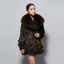 Load image into Gallery viewer, Natural Rabbit Fur Coat Supper Big Raccoon Fur Collar Women Overcoat Winter Outwear