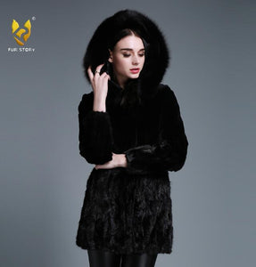 Women's Natural Rabbit Fur Coat Women Fox Fur Hood Real Mink Fur Jacket Women
