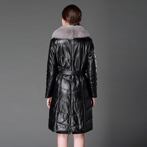 Women's Genuine Leather Coat with Fox Fur collar Down Stuffing Leather Coat 161194