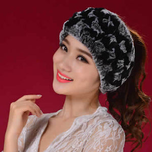 Real Rex rabbit fur hat scarf wool Beanie hat cap neck warmer double use FS13608