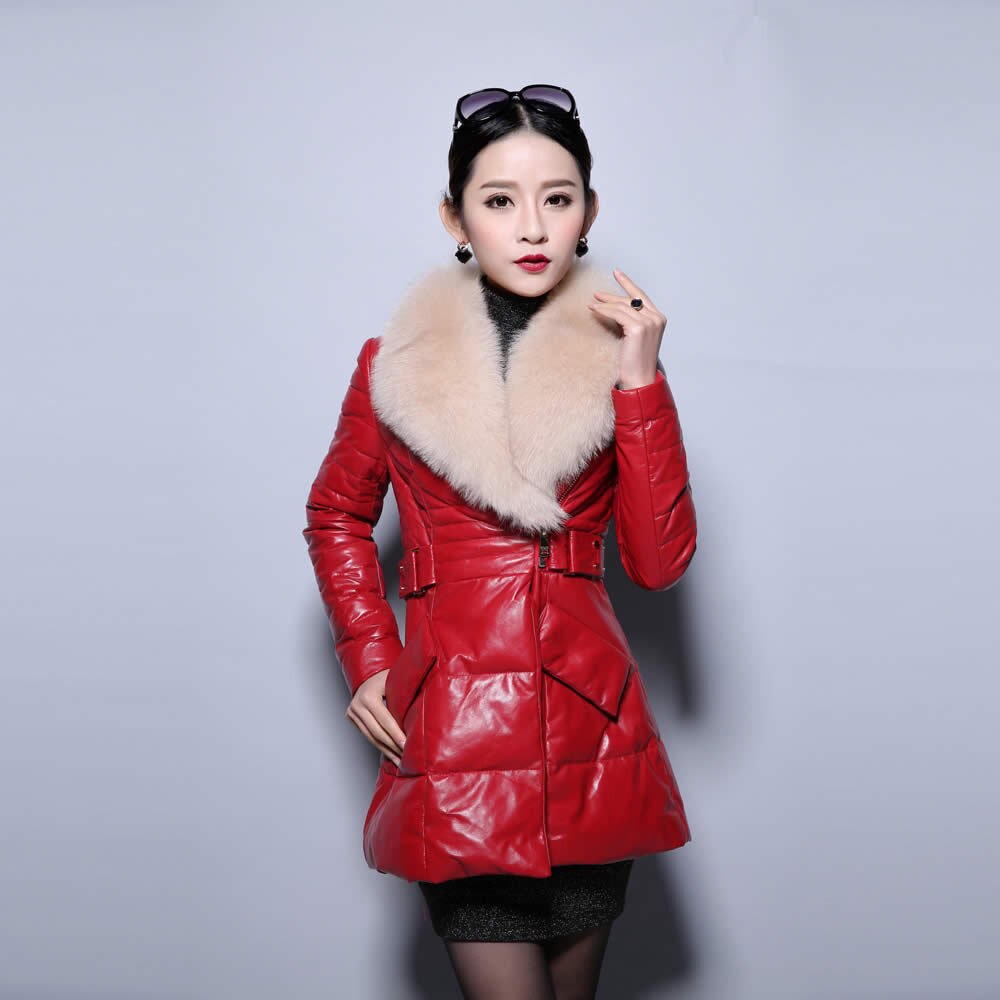 Genuine Leather Coat Down Jacket Luxury Fox Fur Collar Women Overcoat