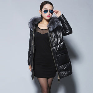 Women's Genuine Sheep Leather Down Coats Real Fox Fur Hood Warm Leather Down Coat Female