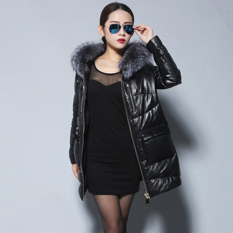 Women's Genuine Sheep Leather Down Coats Real Fox Fur Hood Warm Leather Down Coat Female