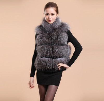 Women's Silver Fox Fur Vest Silver Fox Natural Color Real Fur Vest Female