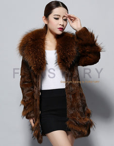 Natural Rabbit Fur Coat Supper Big Raccoon Fur Collar Women Overcoat Winter Outwear