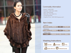 FUR STORY Women's Knitted Mink Fur Shawl Real Fur Scarf Natural Mink Poncho Coat 070304