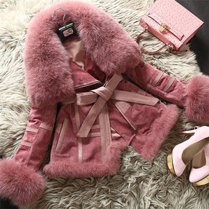 Genuine Leather Coat Full Pelt Fox Fur Collar Collar and Sleeve Cuff Jacket