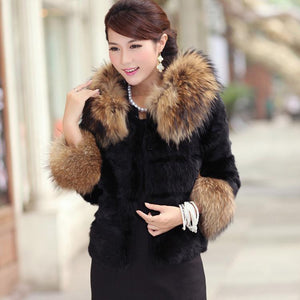 Women's Warm Winter Coat Real Rabbit Fur Coat Raccoondog Fur Collar & Sleeve-cuff with Hood Overcoat Jacket Waistcoat 6colors Short Version FS010129S