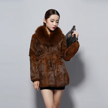 Load image into Gallery viewer, Natural Rabbit Fur Coat Fox Fur Collar Super Slim Waist Women Jacket Winter Overcoat