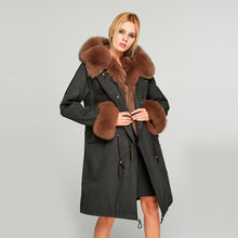 Load image into Gallery viewer, Fur Story FS18113 Women&#39;s Windproof Long Parka Detachable Rabbit Fur Lining Big Hood Jacket Fur Cuffs and Placket