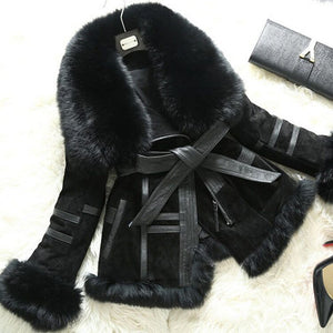 Genuine Leather Coat Full Pelt Fox Fur Collar Collar and Sleeve Cuff Jacket