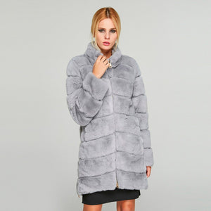 Women's Genuine Rabbit Fur Coat Women  Zip Stand-up Collar  Winter jacket  18131