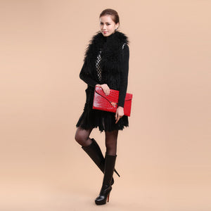Natural Knitted Rabbit Fur Vestmongolian Lamb Fur Collar Long Vest