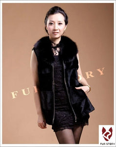 Natural Rabbit Fur Vest Fox Fur Collar Waistcoat Coat Jacket