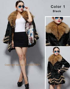 Natural Rabbit Fur Coat Supper Big Raccoon Fur Collar Women Overcoat Winter Outwear