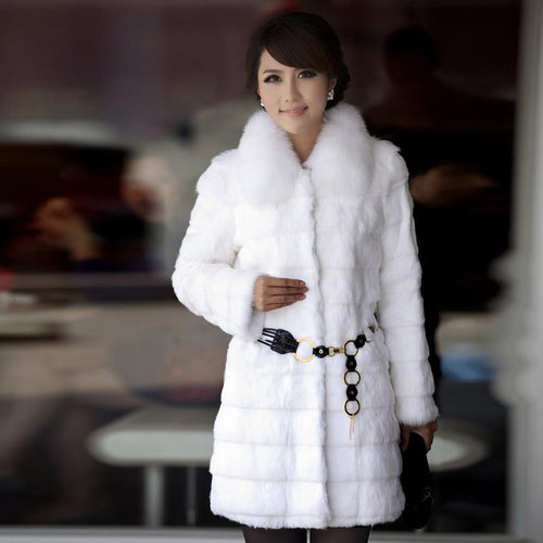 Womens Coat Real Rabbit Fur Coat with Fox Fur Collar Coat Jacket Overcoat Winter Coat