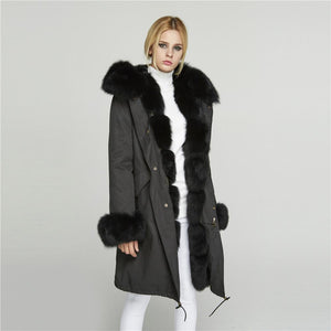 Fur Story FS18113 Women's Genuine Rabbit Fur Lining Big Hood Jacket Fur Cuffs and Placket Women Parka