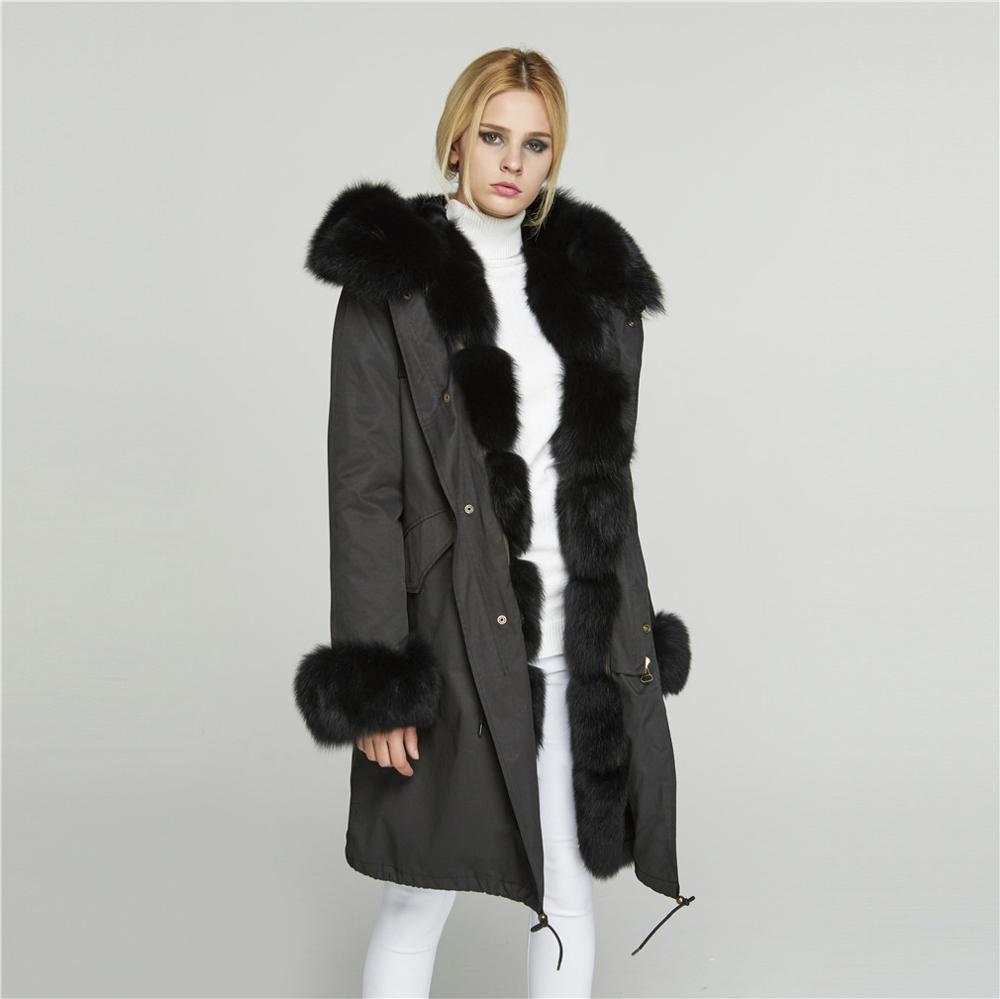 Fur Story FS18113 Women's Genuine Rabbit Fur Lining Big Hood Jacket Fur Cuffs and Placket Women Parka