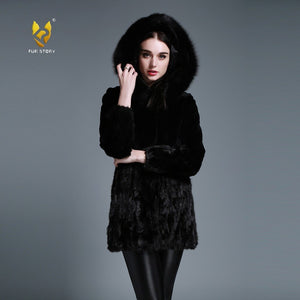 Women's Natural Rabbit Fur Coat Women Fox Fur Hood Real Mink Fur Jacket Women