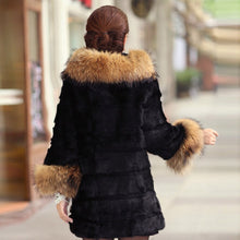 Load image into Gallery viewer, Woman&#39;s  Real Rabbit Fur Coat Raccoon Fur Collar &amp; Cuff Hood Overcoat   010129L