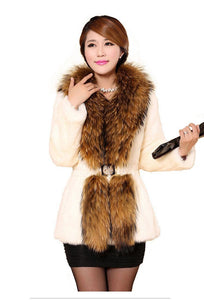 Natural Rabbit Fur Coat Supper Big Raccoon Fur Collar Women Overcoat