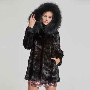 Women Real Fur Coat Natural Mink Fur Jacket Hood Winter Warm Fur Overcoat 17161