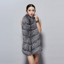 Load image into Gallery viewer, Women&#39;s Silver Fox Fur Vest with Genuine Lamb Leather with Real Fox Fur Collar Long Jacket