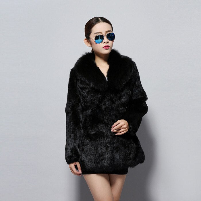 Natural Rabbit Fur Coat Fox Fur Collar Super Slim Waist Women Jacket Winter Overcoat