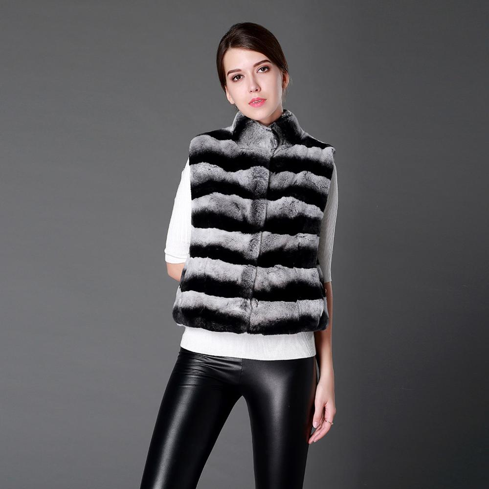 Women Vest Real Rex Rabbit Fur Waistcoat Chinchilla Color Natural Fur Vest Female 16206
