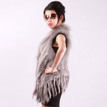 Load image into Gallery viewer, Women&#39;s Real Rabbit Fur Vest with Raccoon Collar Long Tassel Knitted Fur Vest Female