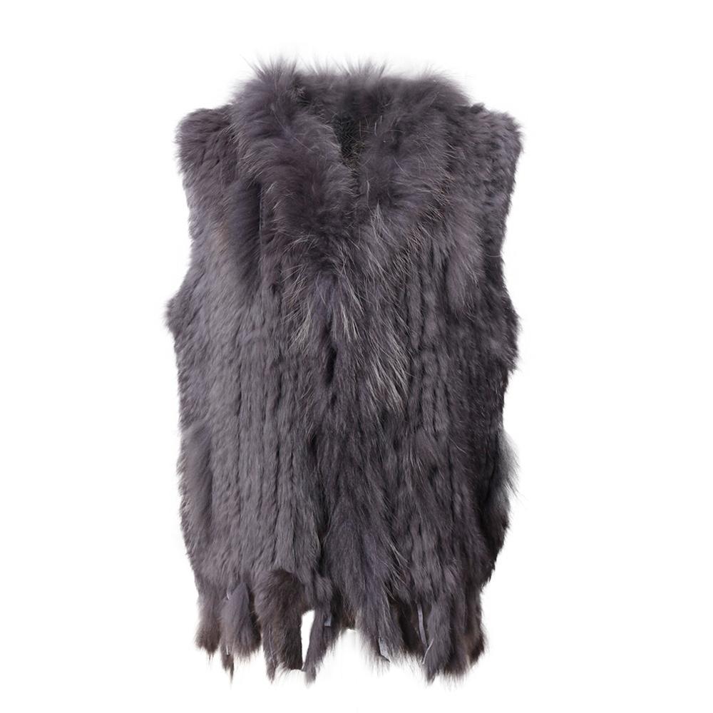 Natural Rabbit Fur Women Knitted Vest with Raccoon Sur Collar Gilet Argyle Sweater Vests