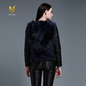 Winter Women's Raccoon fur Jacket with Genuine Sheep leather Sleeve 151220