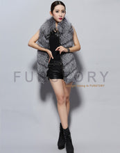 Load image into Gallery viewer, Women&#39;s Silver Fox Fur Vest with Genuine Lamb Leather with Real Fox Fur Collar Long Jacket