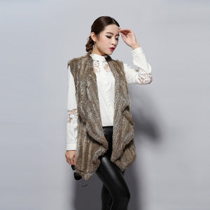 Women's Knitted Real Rabbit Fur Vest Europe Latest Style Long Vest Waistcoat Jacket