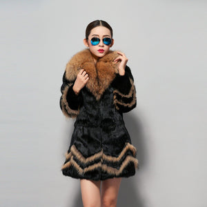 Natural Rabbit Fur Coat Supper Big Raccoon Fur Collar Women Overcoat Winter Outwear