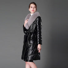 Load image into Gallery viewer, Women&#39;s Genuine Leather Coat with Fox Fur collar Down Stuffing Leather Coat 161194