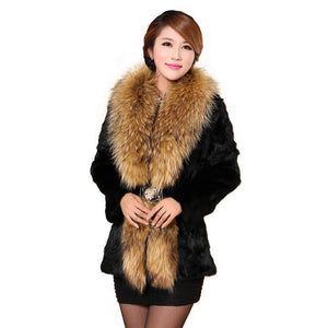 Natural Rabbit Fur Coat Supper Big Raccoon Fur Collar Women Overcoat