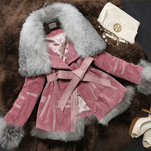 Genuine Leather Coat Full Pelt Fox Fur Collar Collar and Sleeve Cuff Jacket